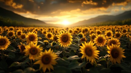 Obraz premium An expansive field of sunflowers stretches into the distance, each flower glowing with golden light under a dramatic sunset sky, embodying peace and nature's grandeur.
