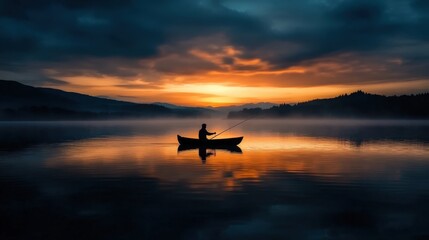 In the quiet of dusk, a fisherman rows gently across a tranquil lake, silhouetted against the fading sunlight, evoking a sense of serene solitude and contemplation.