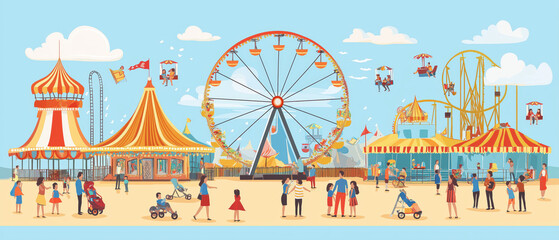 A vibrant amusement park scene with a ferris wheel, carnival tents, and joyful visitors enjoying the festive atmosphere.