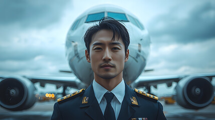 Confident pilot standing before an airplane, showcasing aviation professionalism and leadership in a dramatic sky.