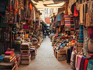 Obraz premium Chaotic and Vibrant Street Market Overflowing with an Eclectic Mix of Textiles Spices and Artisanal Wares a Melting Pot of Cultural Influences and Traditions a Cacophony of Sights Sounds and Smells