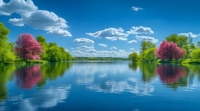 Peaceful river with mist rising from the water in a serene natural setting at dawn