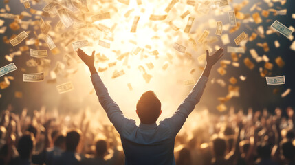 A happy businessman in a celebrating pose with loads of money in the air.