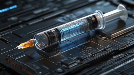 Syringe on Futuristic Circuit Board   Technological Advancement  Medical Innovation