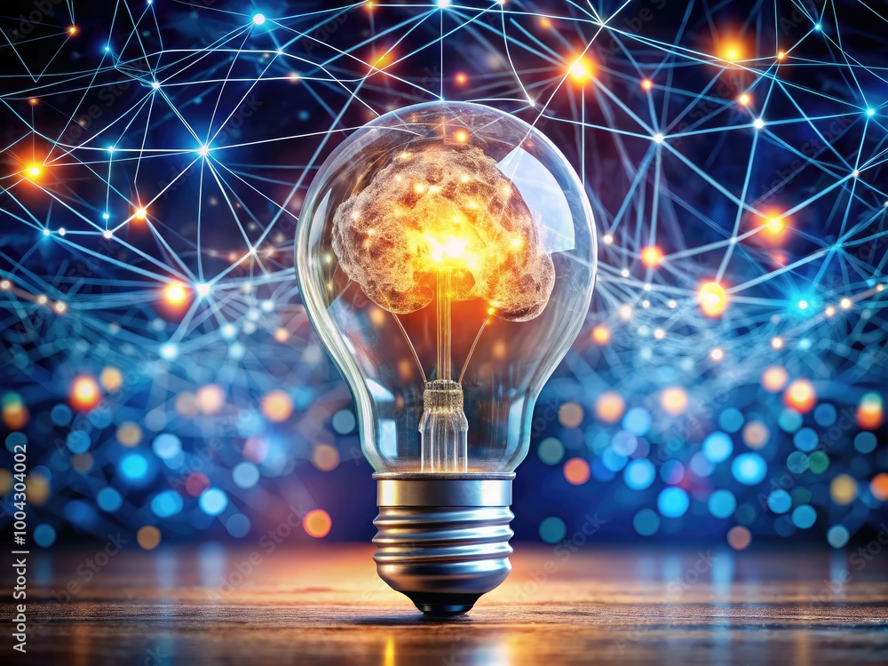 Poster innovative ai machine learning concept with big data network and brain in light bulb symbolizing fut
