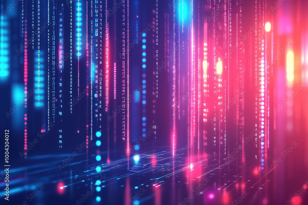 Poster a vibrant digital landscape filled with glowing binary code and colorful lights creates a mesmerizin