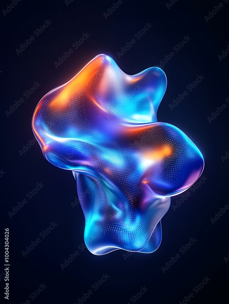 Poster colorful abstract shape with smooth curves and glowing highlights on a dark background. a minimalist