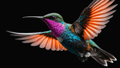 Obraz premium Stunning Close-Up of a Vibrantly Colored Hummingbird in Flight Against a Black Background