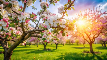 Fototapeta premium Beautiful blossoming apple tree garden on a sunny spring day with vibrant flowers and green leaves in full bloom nature scenic landscape photography