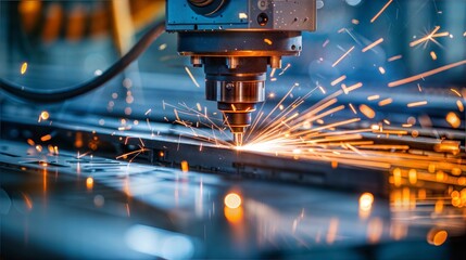 Cnc laser cutting machine in action creating metal sparks in manufacturing facility