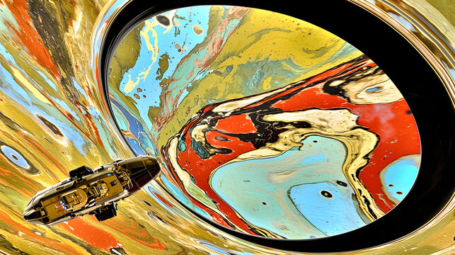 Interstellar Journey: A spaceship hurtling through a wormhole, surrounded by swirling colors. The sense of motion and cosmic wonder dominates the frame. The black space around the ship provides 