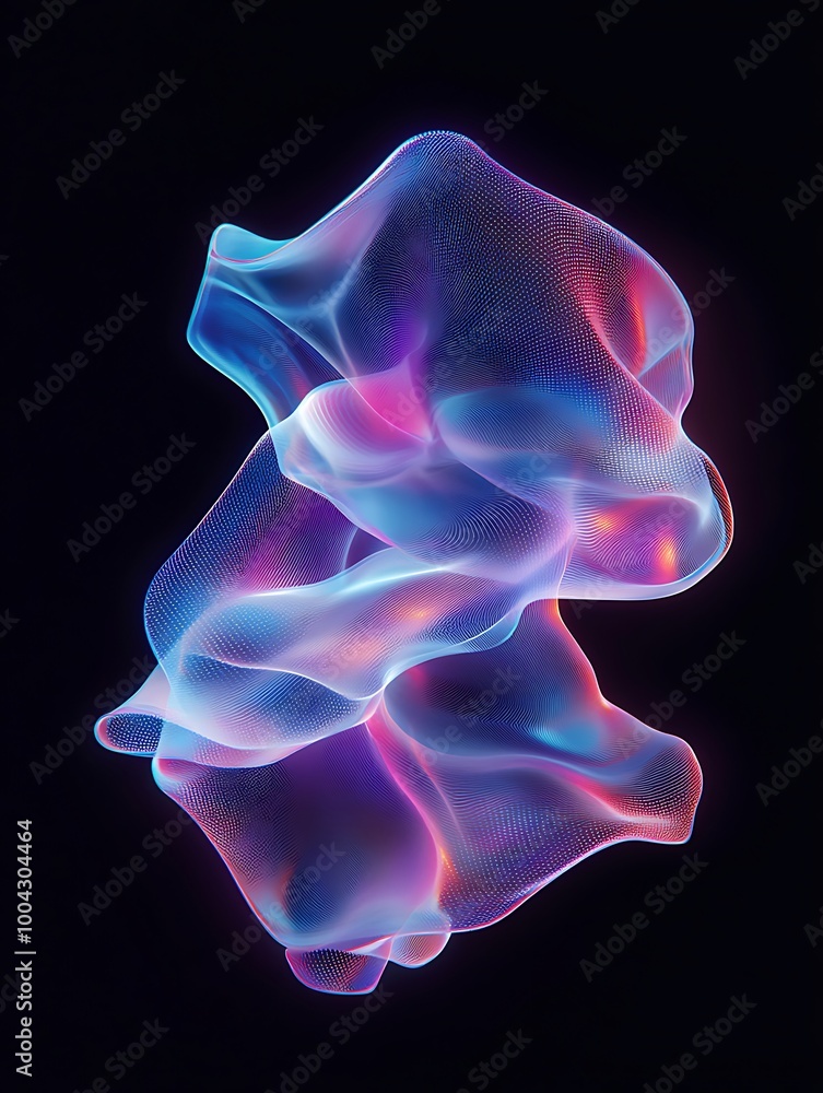 Poster colorful abstract shape with translucent features on a black background, showcasing fluidity and vib
