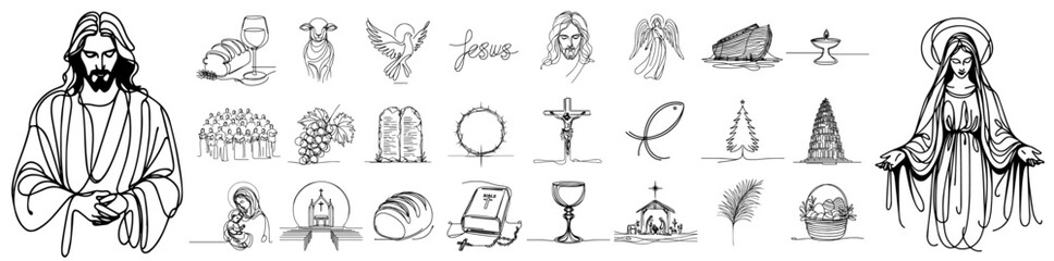 minimalist illustrations of sacred christian motifs monoline line art vector shape