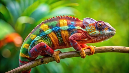 Fototapeta premium Colorful Panther Chameleon Furcifer Pardalis Perched on Branch in Green Environment