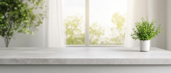 Fototapeta premium Concrete kitchen countertop, modern design, window backdrop, stylish and functional, enhances contemporary kitchen aesthetics, durable and sleek surface