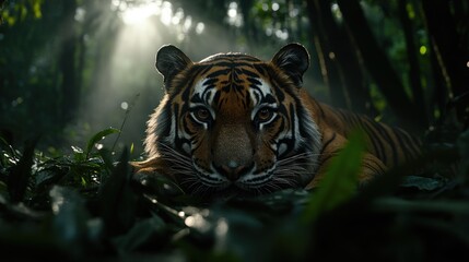 A powerful tiger peacefully rests amidst lush, dense jungle vegetation while sunlight filters through, creating an atmosphere of both tranquility and power.