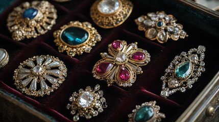 Obraz premium This collection features exquisite antique brooches, each adorned with colorful gemstones and detailed craftsmanship, resting in a luxurious velvet-lined box for display