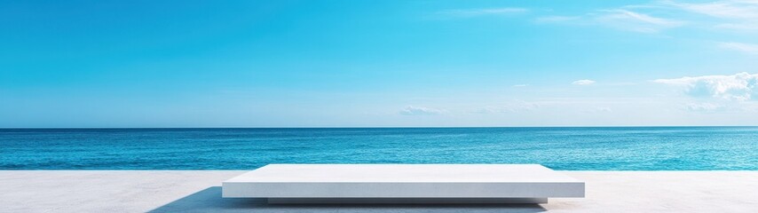 Fototapeta premium Concrete table top, serene sea backdrop, modern design meets tranquil coastal scenery, inviting outdoor dining experience.