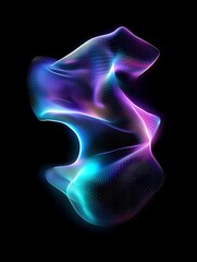Colorful abstract wave, blend of purple and blue hues on a black background. A minimalist poster in metallic and chrome gradient style.