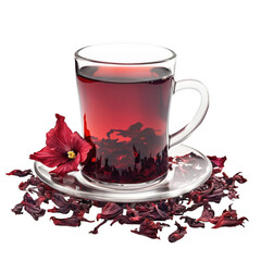  red hibiscus tea, adorned with a fresh hibiscus flower and dried petals, png transparent background.