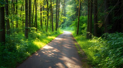 Obraz premium Serene sunlit forest path with lush greenery and atmospheric light