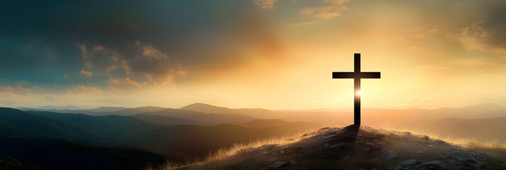 Shining cross on Calvary hill, sunrise, sunset sky background. Copy space. Ascension day concept. Christian Easter. Faith in Jesus Christ. Christianity. Church worship, salvation concept.