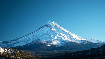 A snowy mountain peak with a clear, bright blue sky overhead. 
