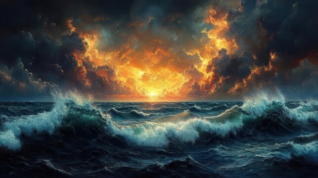 seascape depicting rolling waves under a stormy sky showcasing the power of nature dark clouds swirl above while the ocean churns below creating a dramatic and intense atmosphere
