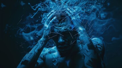 An adult male appears fatigued and stressed, suffering from intense pain caused by brain diseases leading to chronic severe headaches and migraines.