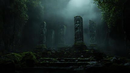 A dramatic ancient site featuring towering stone pillars covered in moss, bathed in ethereal light with a mysterious, mystical and historical ambiance.