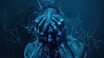 An adult male appears fatigued and stressed, suffering from intense pain caused by brain diseases leading to chronic severe headaches and migraines.
