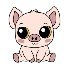 Zodiac Chinese pig animal of New Year sign icon. Asian kawaii cute style isolated illustration of mascot piggy. Adorable pink piglet with big eyes sitting and smiling on the white background.