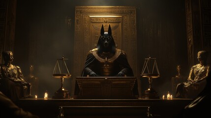 In a dimly lit temple, the deity Anubis sits prominently, surrounded by intricate carvings and golden scales symbolizing judgment, exuding an aura of solemnity and history.
