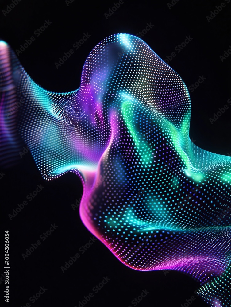 Poster colorful abstract wave form on dark background, showcasing vibrant hues and dynamic shapes. a minima