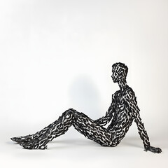 Fototapeta premium Cosmic Contemplation: A character sits cross-legged, their elongated body formed by intersecting rectangles. Their gaze is upward, as if pondering the mysteries of distant galaxies. The white 
