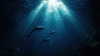 Obraz premium A serene underwater scene reveals three dolphins swimming peacefully through sunlit ripples above a deep blue ocean floor, highlighting the tranquility of the marine world.