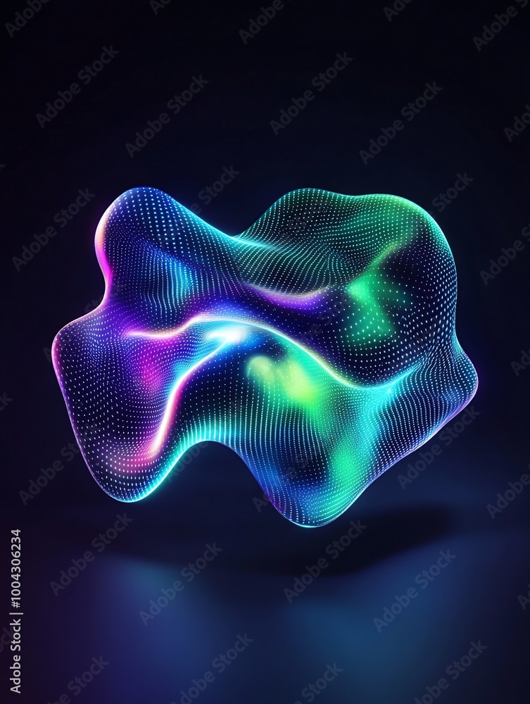 Poster colorful abstract wave form with glowing lights on a dark background. a minimalist poster in metalli