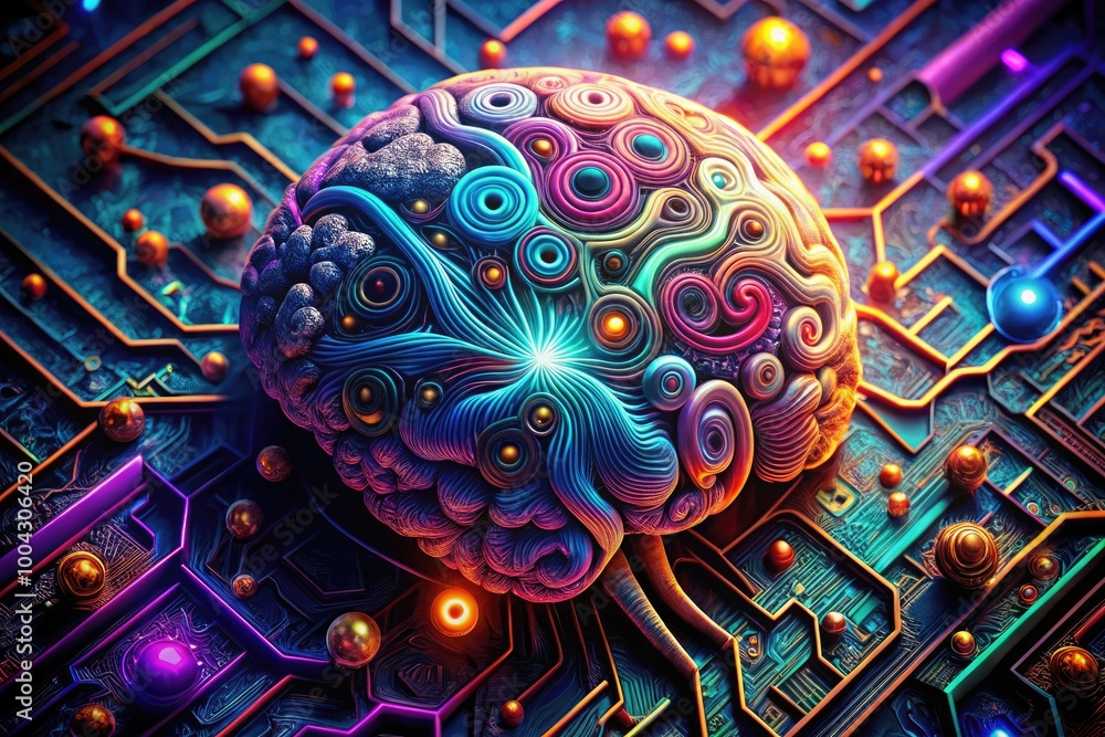 Poster intricate circuitry neurons and gears forming a stylized brain pattern in a futuristic design