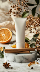 Fototapeta premium A tube of hand cream is elegantly placed on marble coaster, surrounded by dried orange slices, cinnamon sticks, and decorative foliage, creating warm and inviting atmosphere