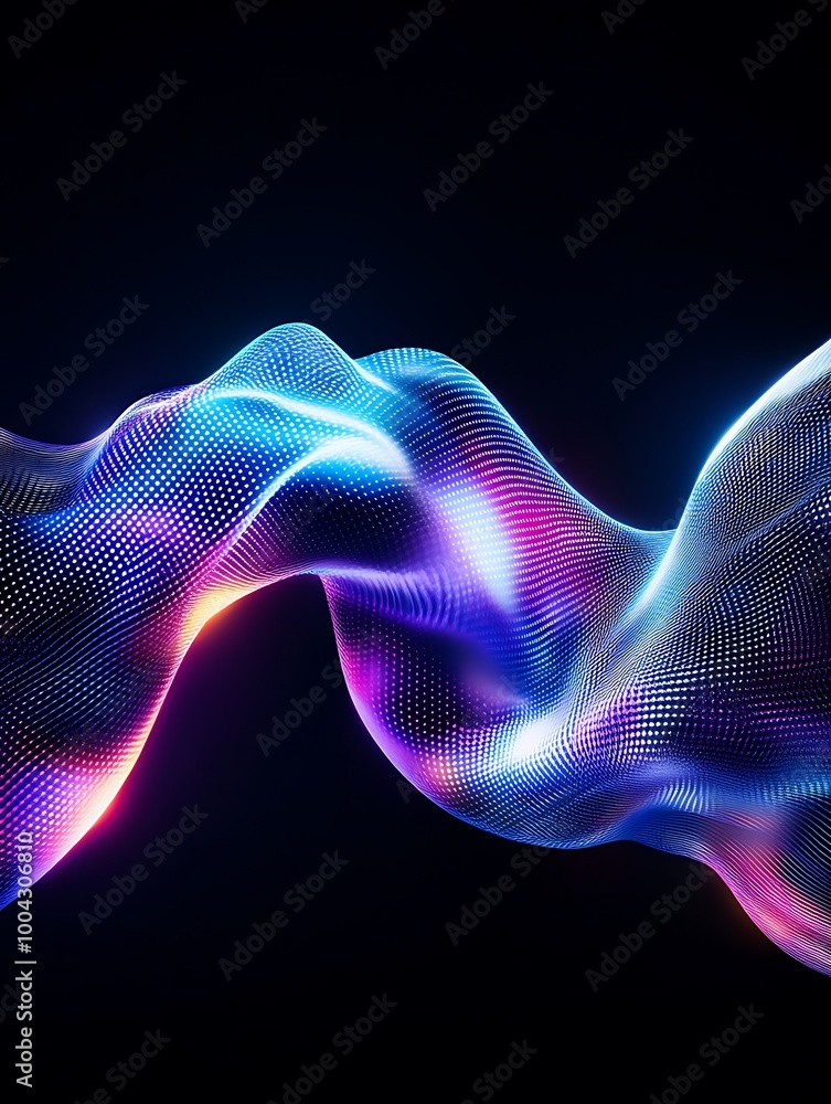 Poster colorful abstract wave of light, flowing smoothly against a black background, creating a sense of mo