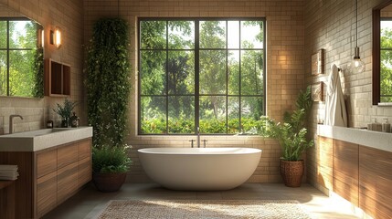 Fototapeta premium serene bathroom with modern elegance featuring a freestanding bathtub under a large window natural light flooding in accentuating warm wood tones and sleek fixtures