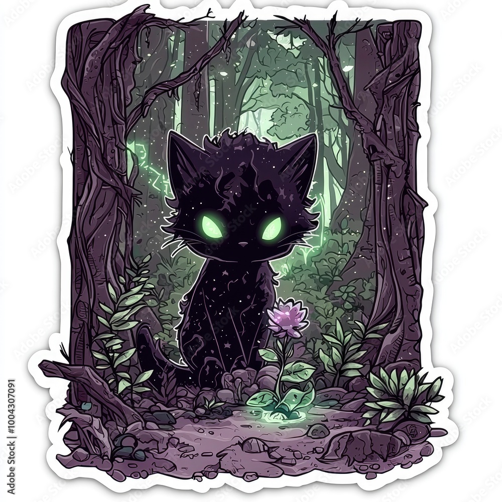 Sticker Mystical Black Cat in the Forest