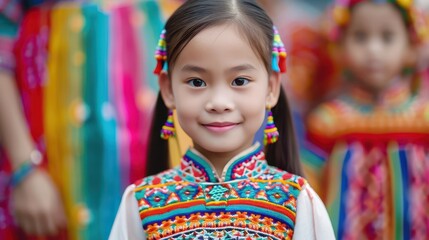 Fototapeta premium A cheerful girl wearing a vibrant traditional outfit with colorful embroidery, showcasing cultural heritage and joy.