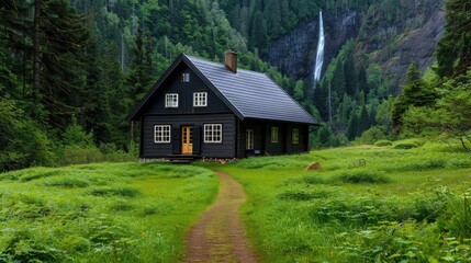 Fototapeta premium A charming black house surrounded by lush greenery and a stunning waterfall, perfect for nature enthusiasts and tranquil escapes.