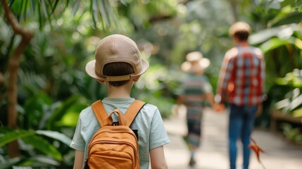 Fototapeta premium A child walks through a lush garden, leading the way for a family adventure surrounded by greenery and nature's beauty.