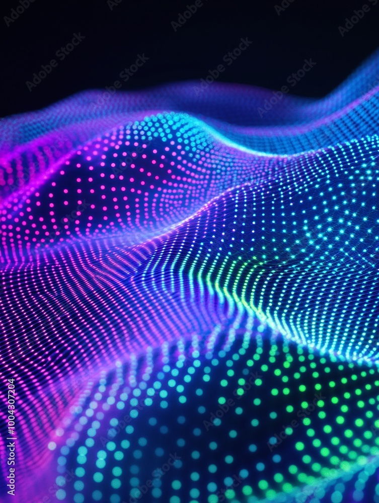 Poster colorful abstract wave pattern with dots on a dark background, ideal for digital designs and modern 