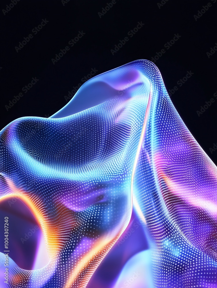Poster colorful abstract wave pattern with fluid shapes and glowing effects on a dark background. a minimal