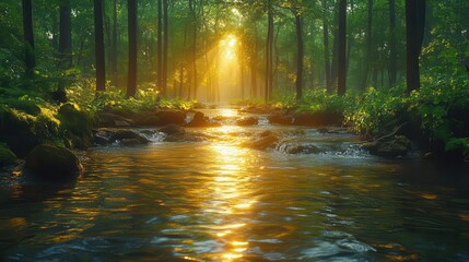 Obraz premium serene forest scene with a gently winding river flowing through dense green foliage capturing the tranquility of nature and the beauty of untouched landscapes