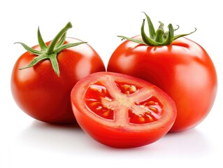 Tomato vegetables isolated on white background. Natural, organic and fresh whole tomatoes. Delicious and healthy ingredient for salads and seasonal food