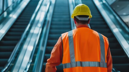A construction worker in safety gear stands in front of an escalator, showcasing industry professionalism and safety precautions.